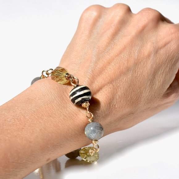 14K Gold Filled Lemon Citrine Labradorite Chain Bracelet OOAK - Picture 3 of 5